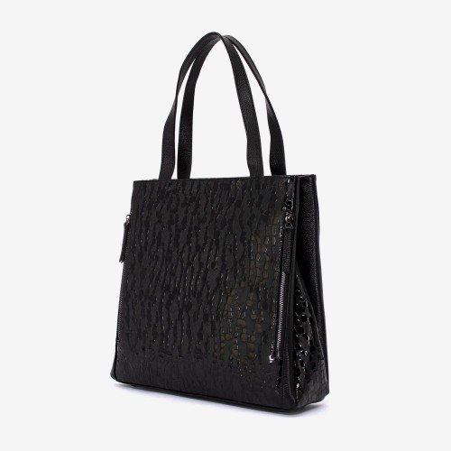 Geanta shopper ENZO NORI model LUPITA din piele naturală negru cu imprimeu